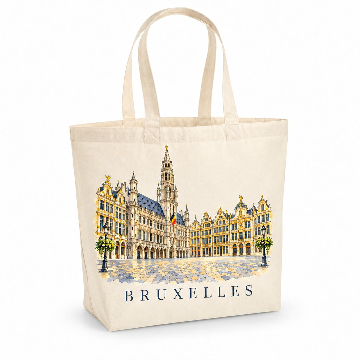 Tote bag Bruxelles Premium, cabas à soufflet en coton naturel 200 g/m² de 18 litres, illustration aquarelle de la Grand-Place, de l'hôtel de ville et des maisons des corporations dorées