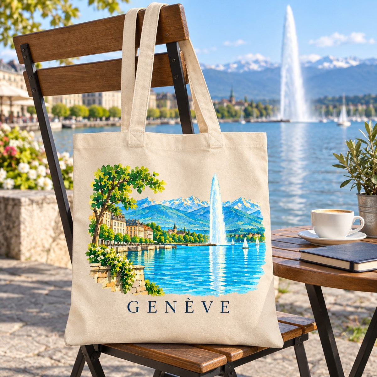 Tote bag Genève Essentiel suspendu à une chaise en terrasse face au lac et au jet d'eau, avec un café