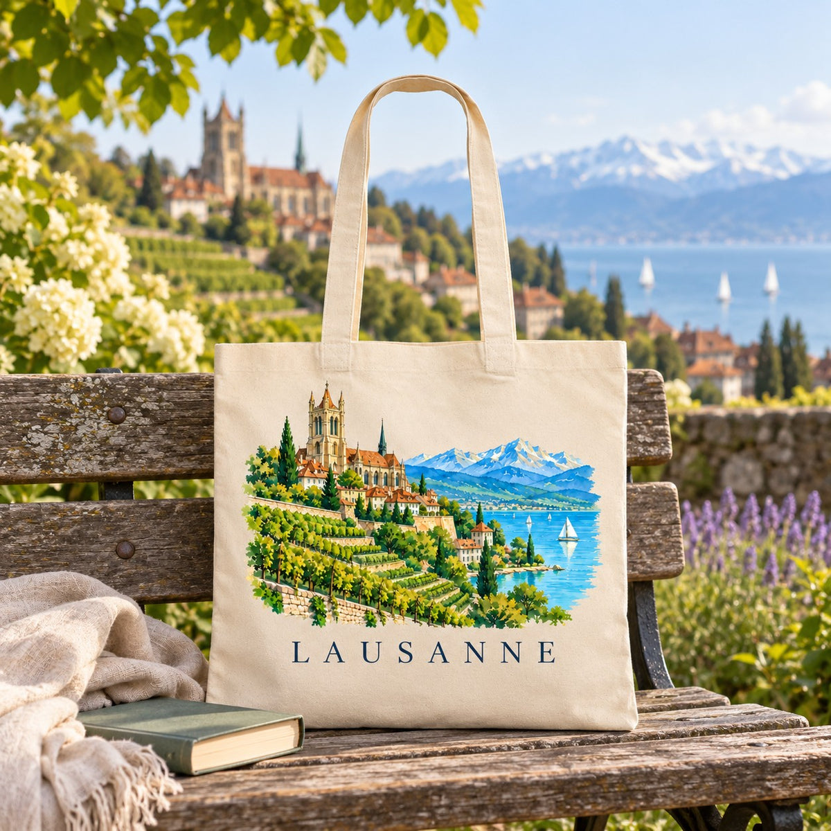 Tote bag Lausanne Essentiel posé sur un banc face au lac et aux Alpes, avec un livre