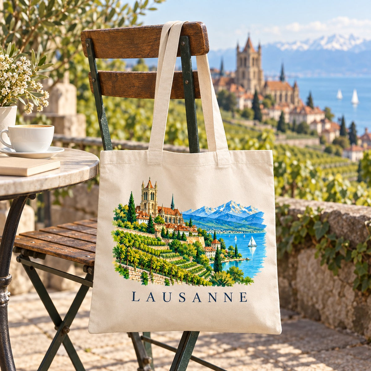 Tote bag Lausanne Essentiel suspendu à une chaise en terrasse face au lac et aux vignes, avec un café