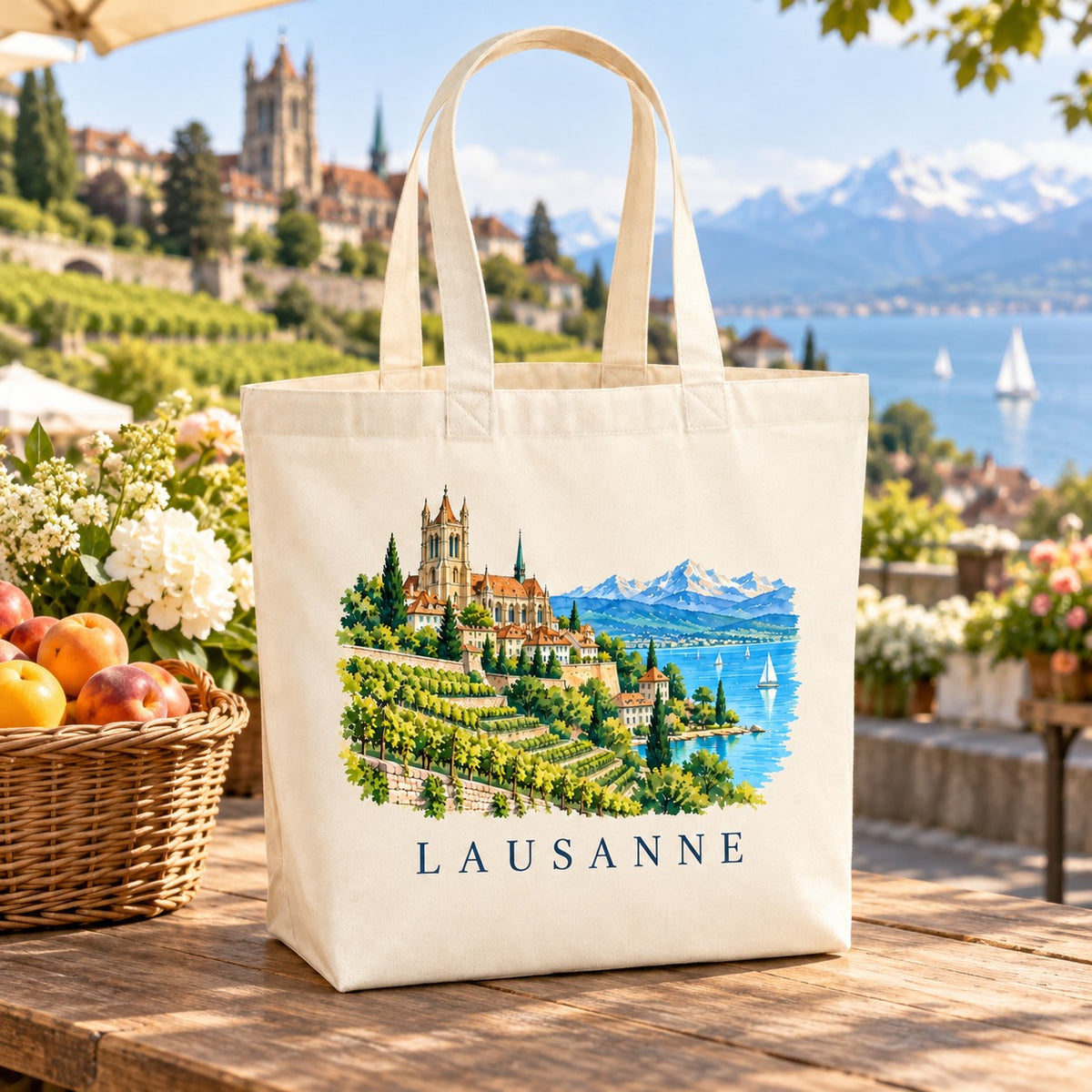 Tote bag Lausanne Premium posé sur un étal de marché avec des pommes et des fleurs, lac en arrière-plan