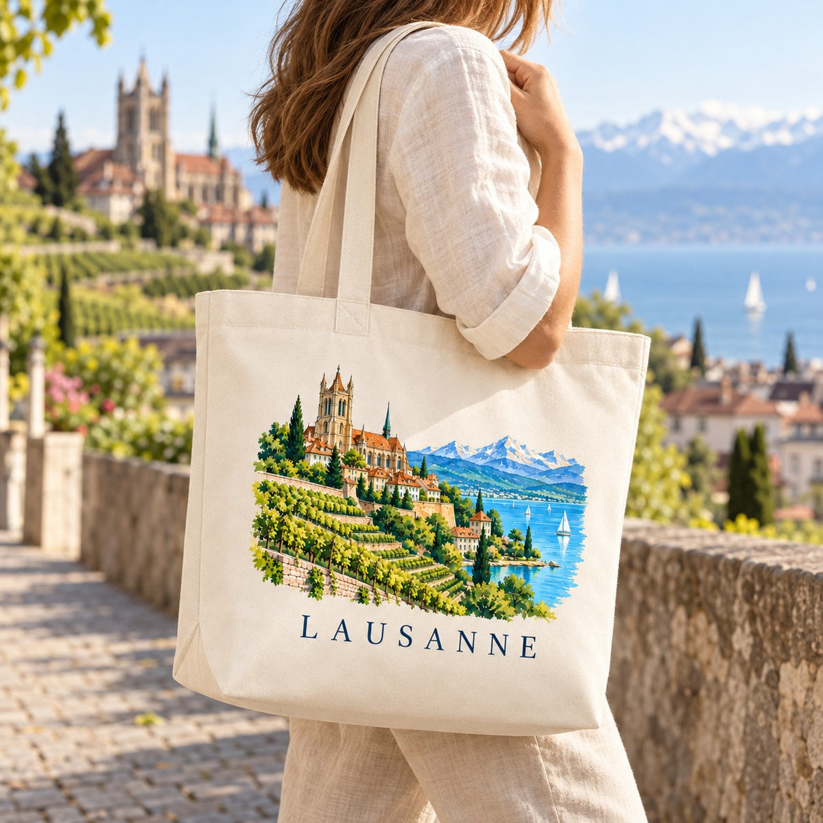 Tote bag Lausanne Premium porté à l'épaule sur un chemin pavé au-dessus des vignes, lac en arrière-plan