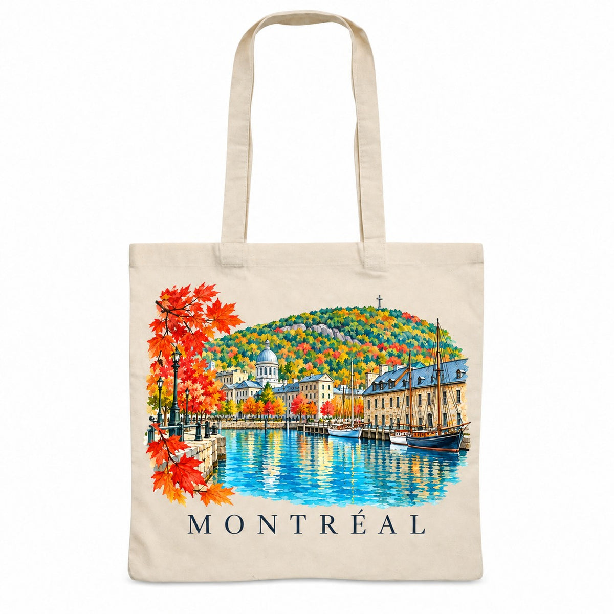 Tote bag Montréal Essentiel, sac plat en coton naturel 140 g/m² de 38 × 42 cm, illustration aquarelle du Vieux-Port, du mont Royal et des feuilles d'érable rouges