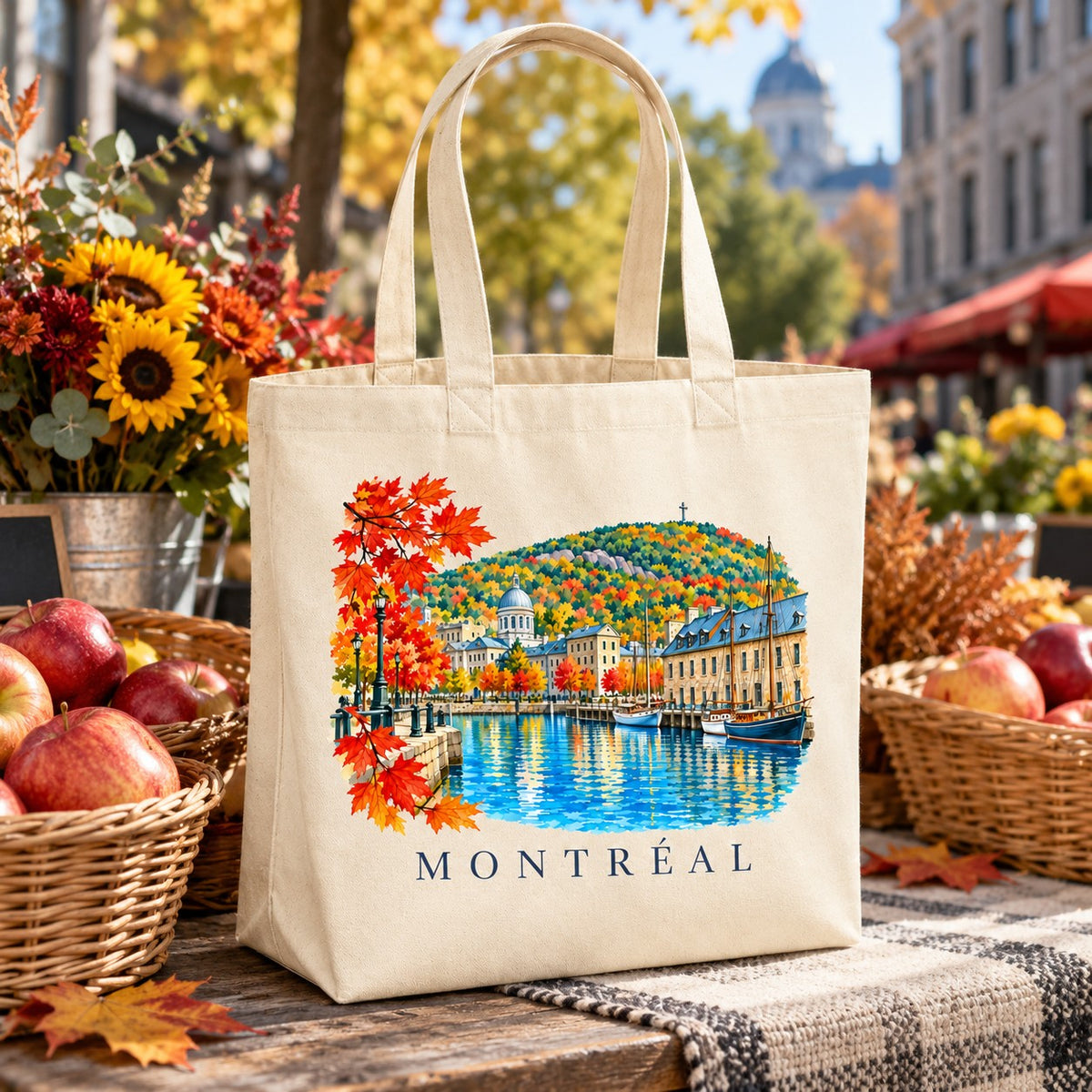 Tote bag Montréal Premium posé sur un étal de marché avec des pommes et des tournesols