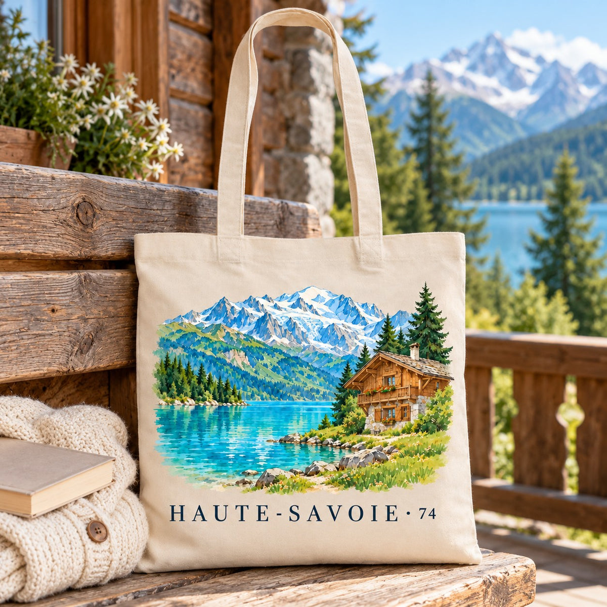 Tote bag Haute-Savoie (74) Essentiel posé sur un banc de chalet, avec un livre et un pull
