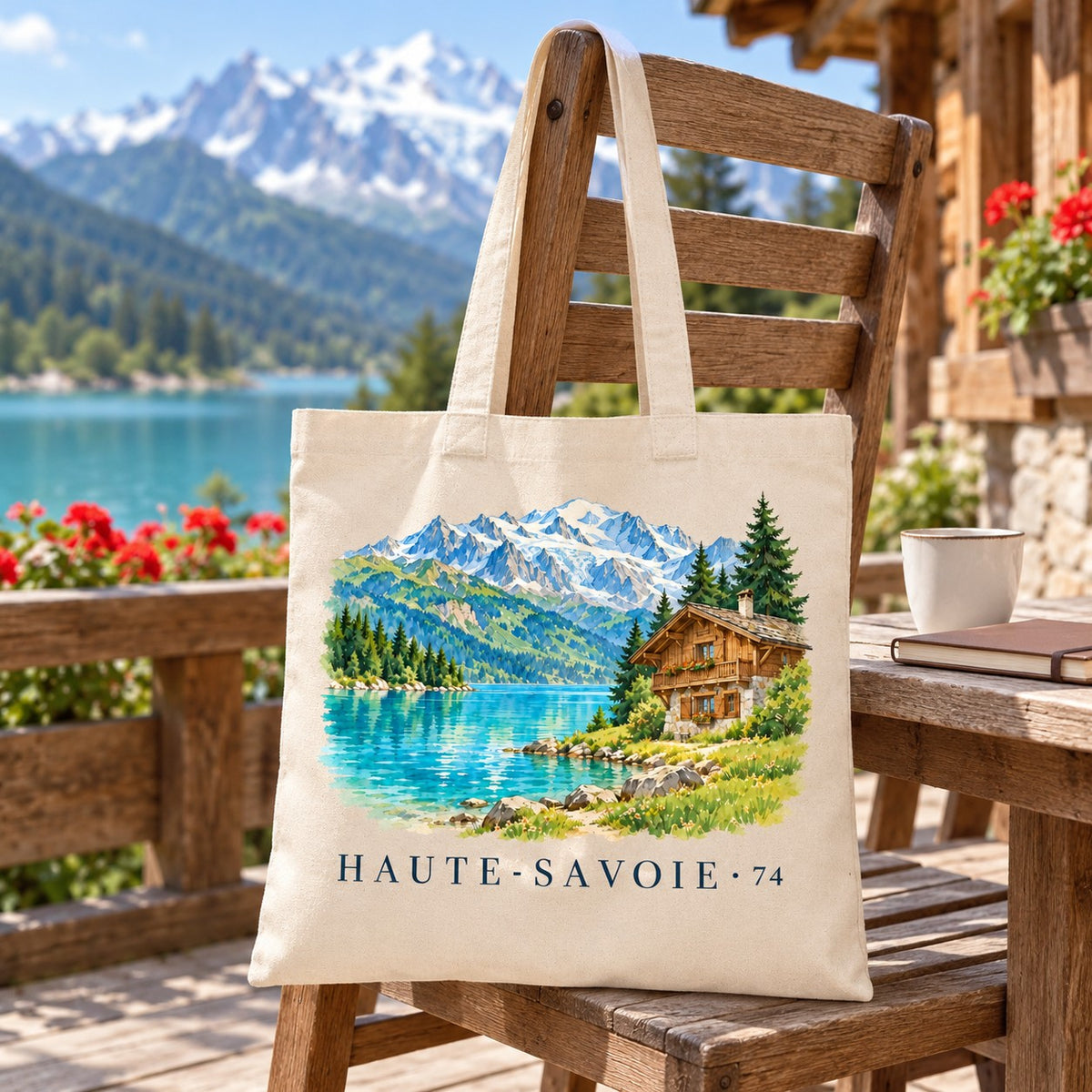 Tote bag Haute-Savoie (74) Essentiel suspendu à une chaise en terrasse de chalet face au lac, avec un café