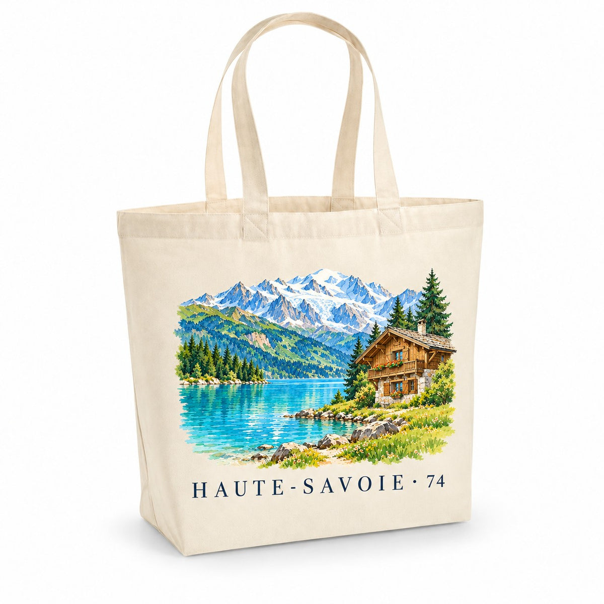 Tote bag Haute-Savoie (74) Premium, cabas à soufflet en coton naturel 200 g/m² de 18 litres, illustration aquarelle d'un lac turquoise, du massif du Mont-Blanc et d'un chalet