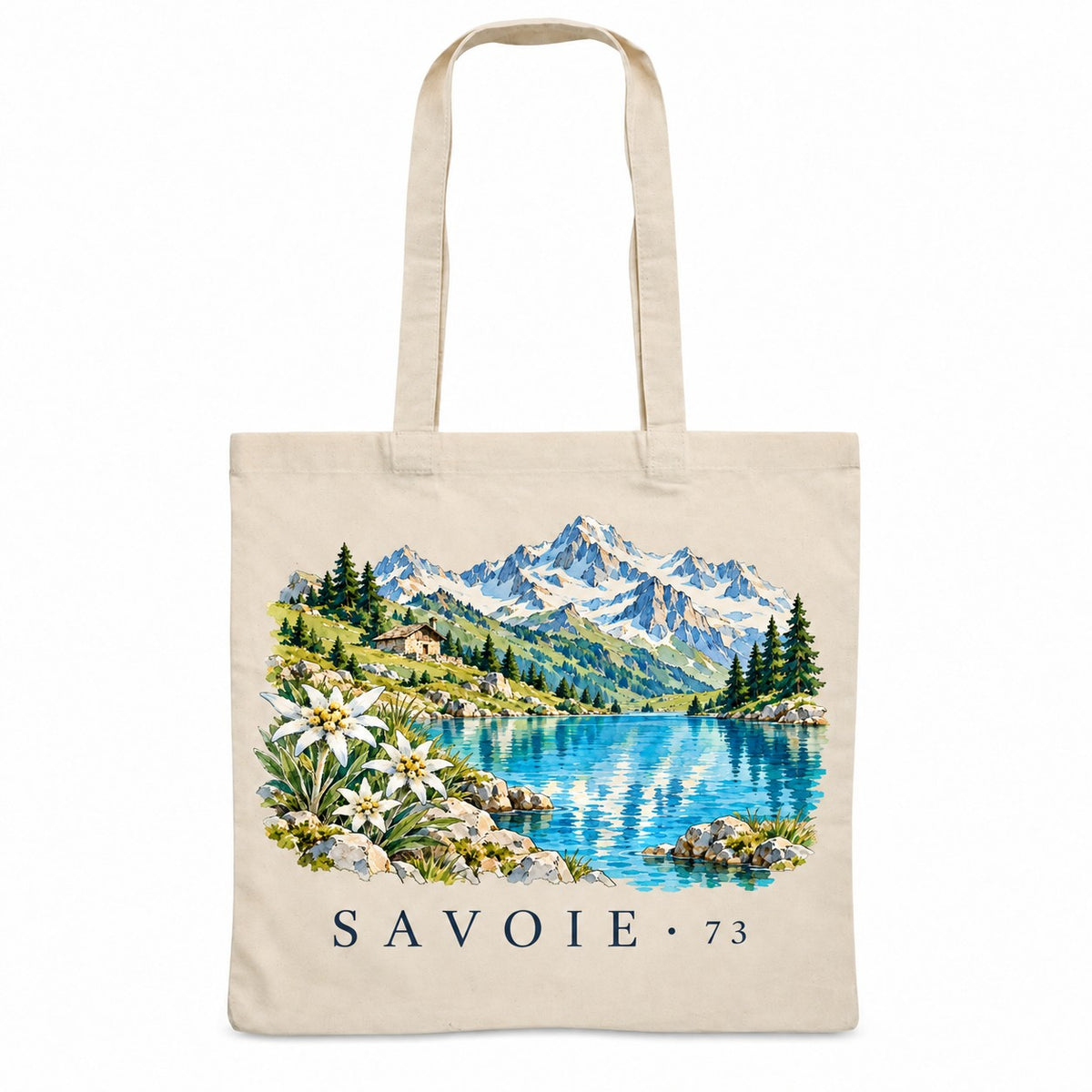 Tote bag Savoie (73) Essentiel, sac plat en coton naturel 140 g/m² de 38 × 42 cm, illustration aquarelle des sommets enneigés, d'un lac de montagne et des edelweiss