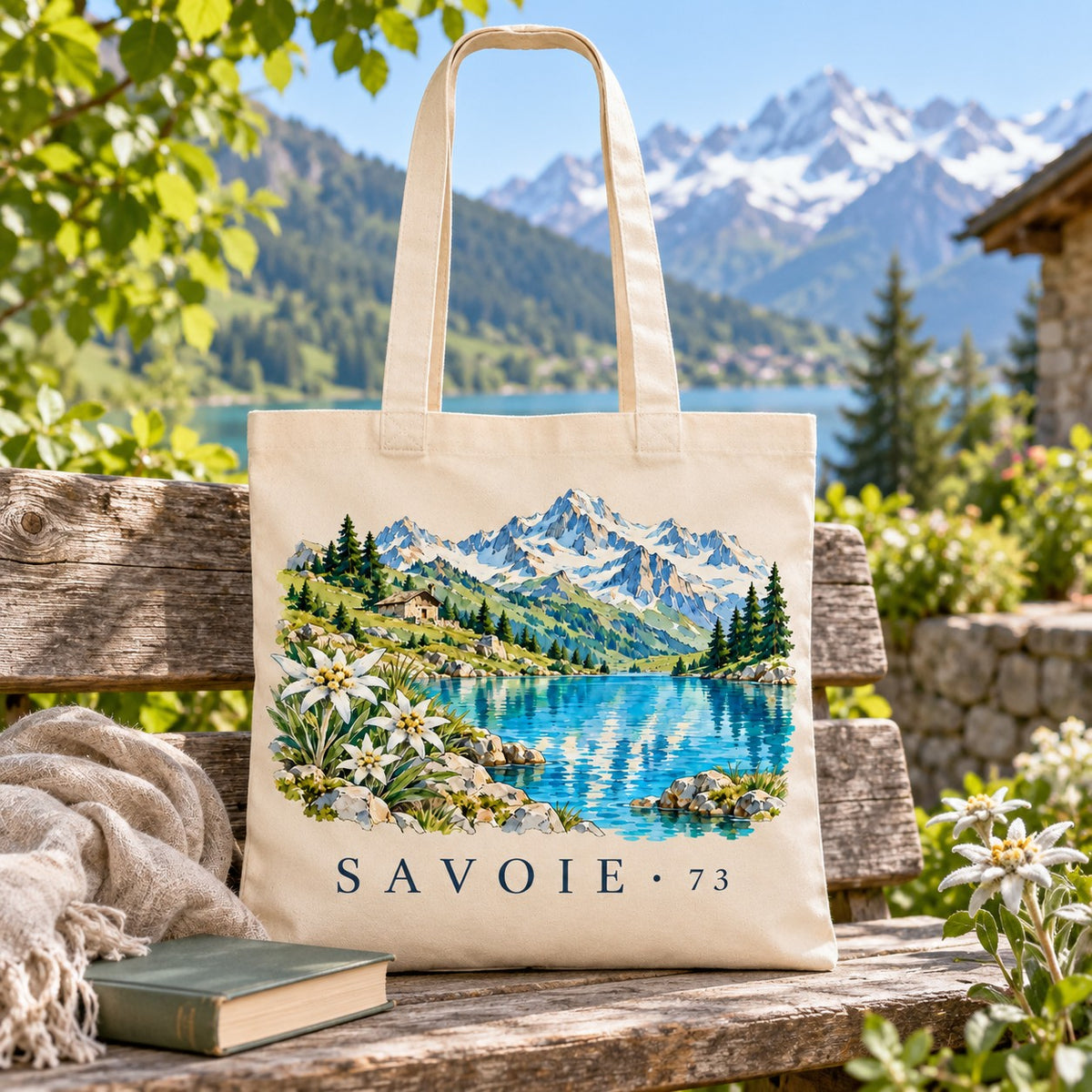 Tote bag Savoie (73) Essentiel posé sur un banc face aux sommets, avec un livre et un plaid