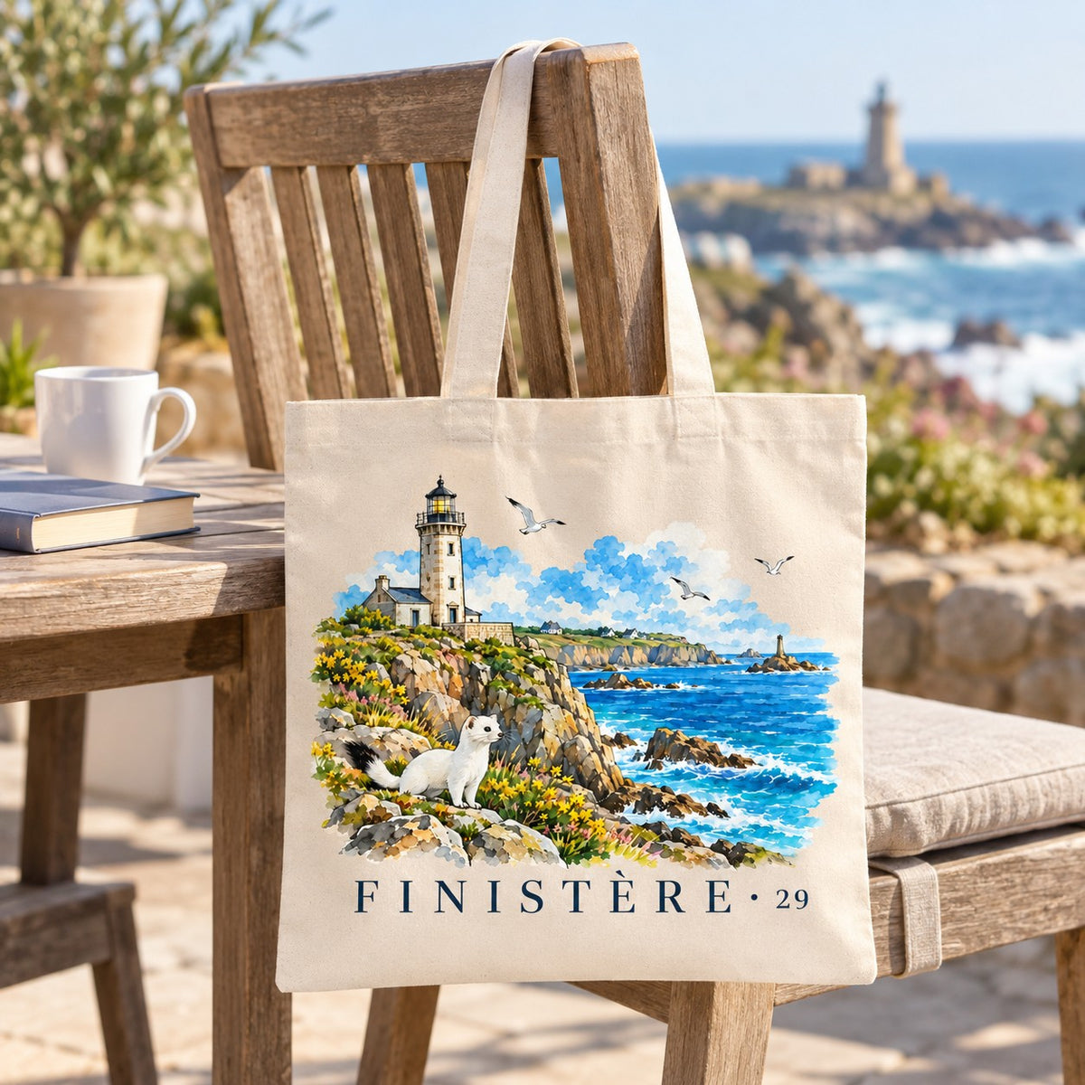 Tote bag Finistère (29) Essentiel suspendu à une chaise en terrasse face à la mer et au phare, avec un café
