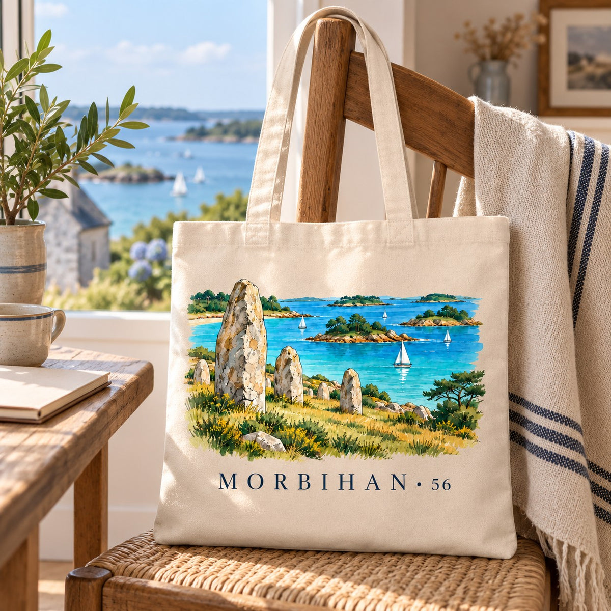 Tote bag Morbihan (56) Essentiel posé sur une chaise près d'une fenêtre ouverte sur le golfe