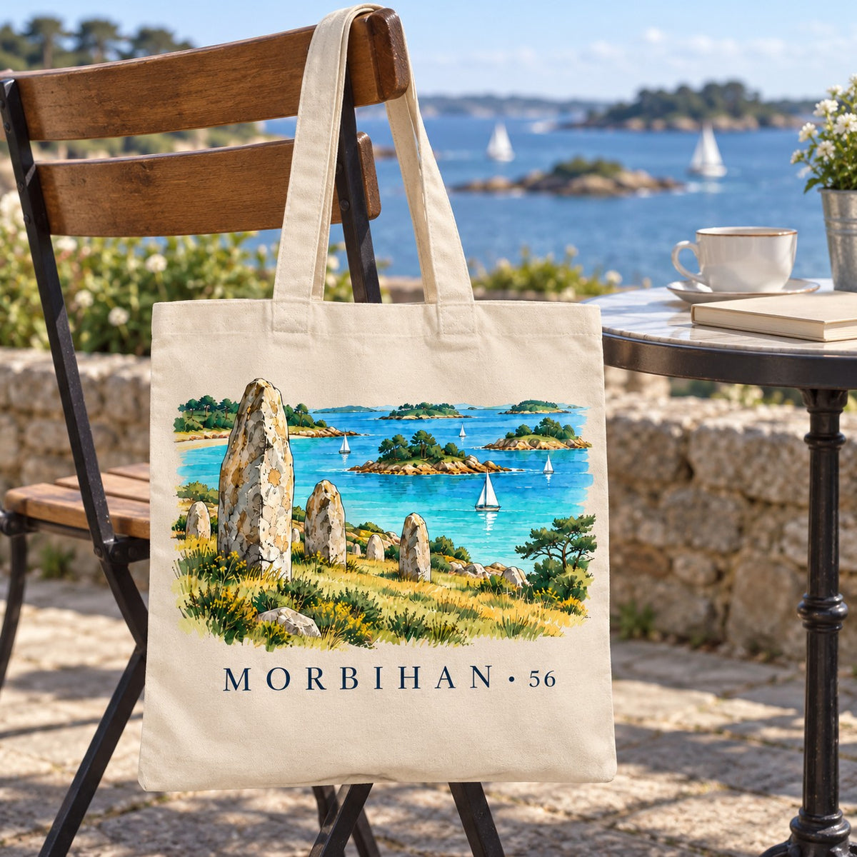 Tote bag Morbihan (56) Essentiel suspendu à une chaise en terrasse face au golfe, avec un café