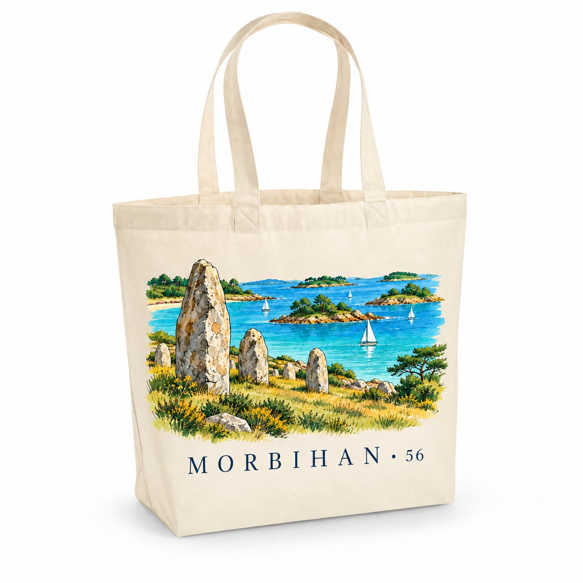 Tote bag Morbihan (56) Premium, cabas à soufflet en coton naturel 200 g/m² de 18 litres, illustration aquarelle du golfe et de ses îles, des voiliers et des menhirs