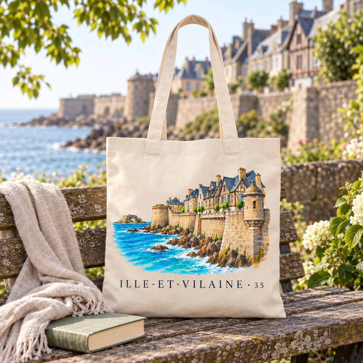 Tote bag Ille-et-Vilaine (35) Essentiel posé sur un banc face aux remparts, avec un livre et un plaid