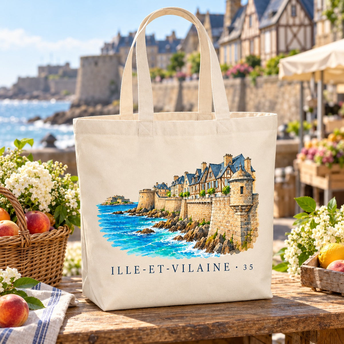 Tote bag Ille-et-Vilaine (35) Premium posé sur un étal de marché avec des pêches et des fleurs, remparts en arrière-plan
