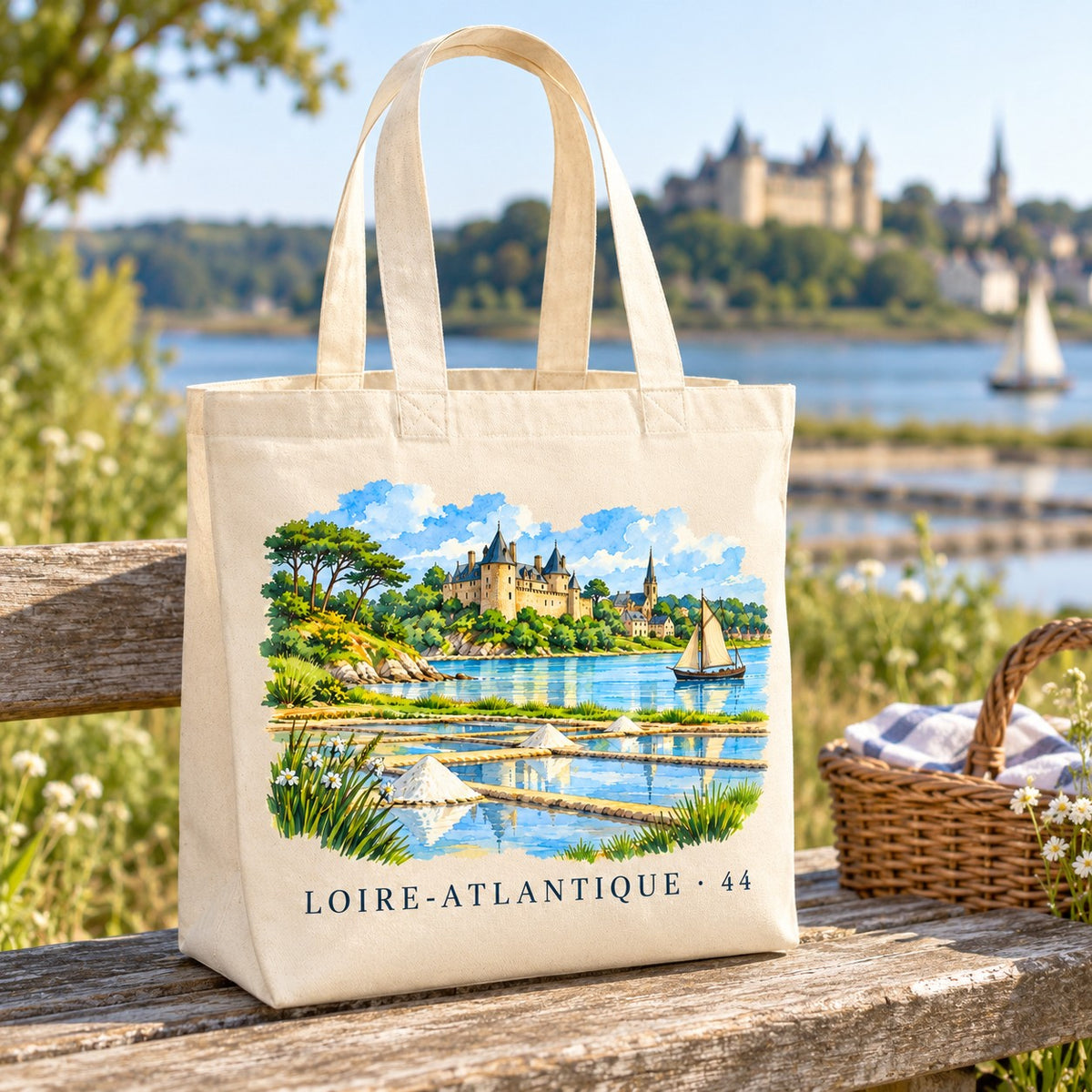 Tote bag Loire-Atlantique (44) Premium posé sur un banc face à la Loire, avec un panier