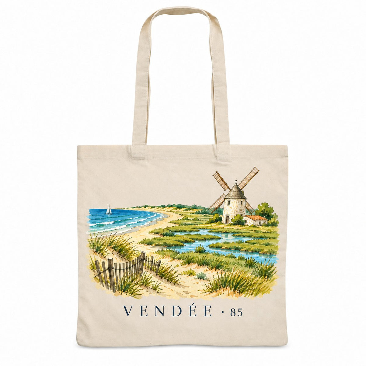 Tote bag Vendée (85) Essentiel, sac plat en coton naturel 140 g/m² de 38 × 42 cm, illustration aquarelle d'une plage de sable, des marais et d'un moulin