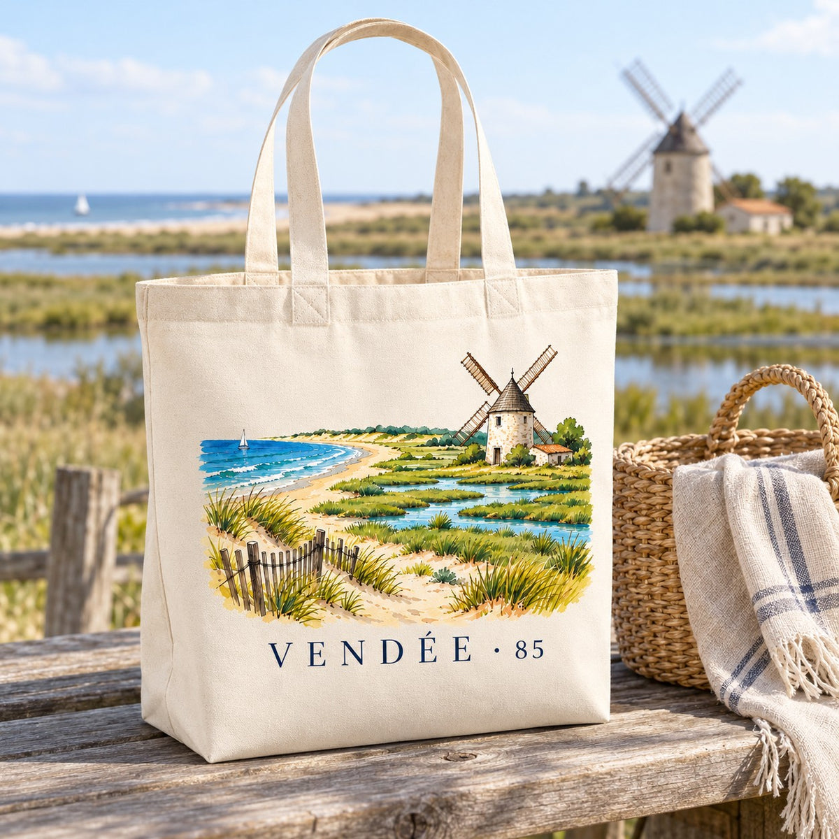 Tote bag Vendée (85) Premium posé sur un banc face aux marais, moulin en arrière-plan, avec un panier et un plaid