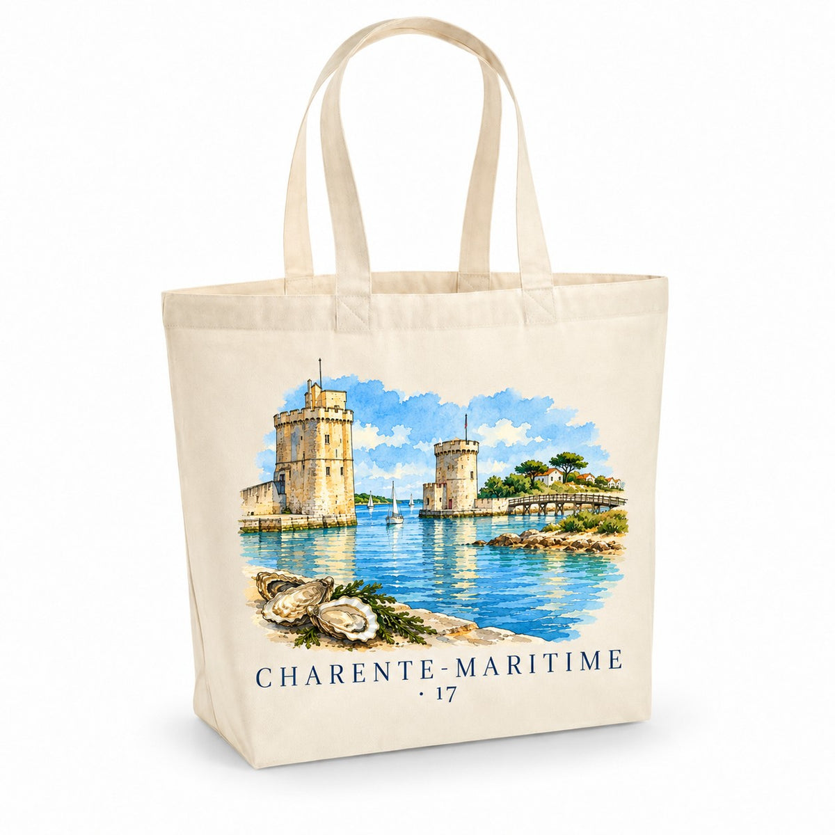 Tote bag Charente-Maritime (17) Premium, cabas à soufflet en coton naturel 200 g/m² de 18 litres, illustration aquarelle des tours du vieux port, d'une île et des huîtres