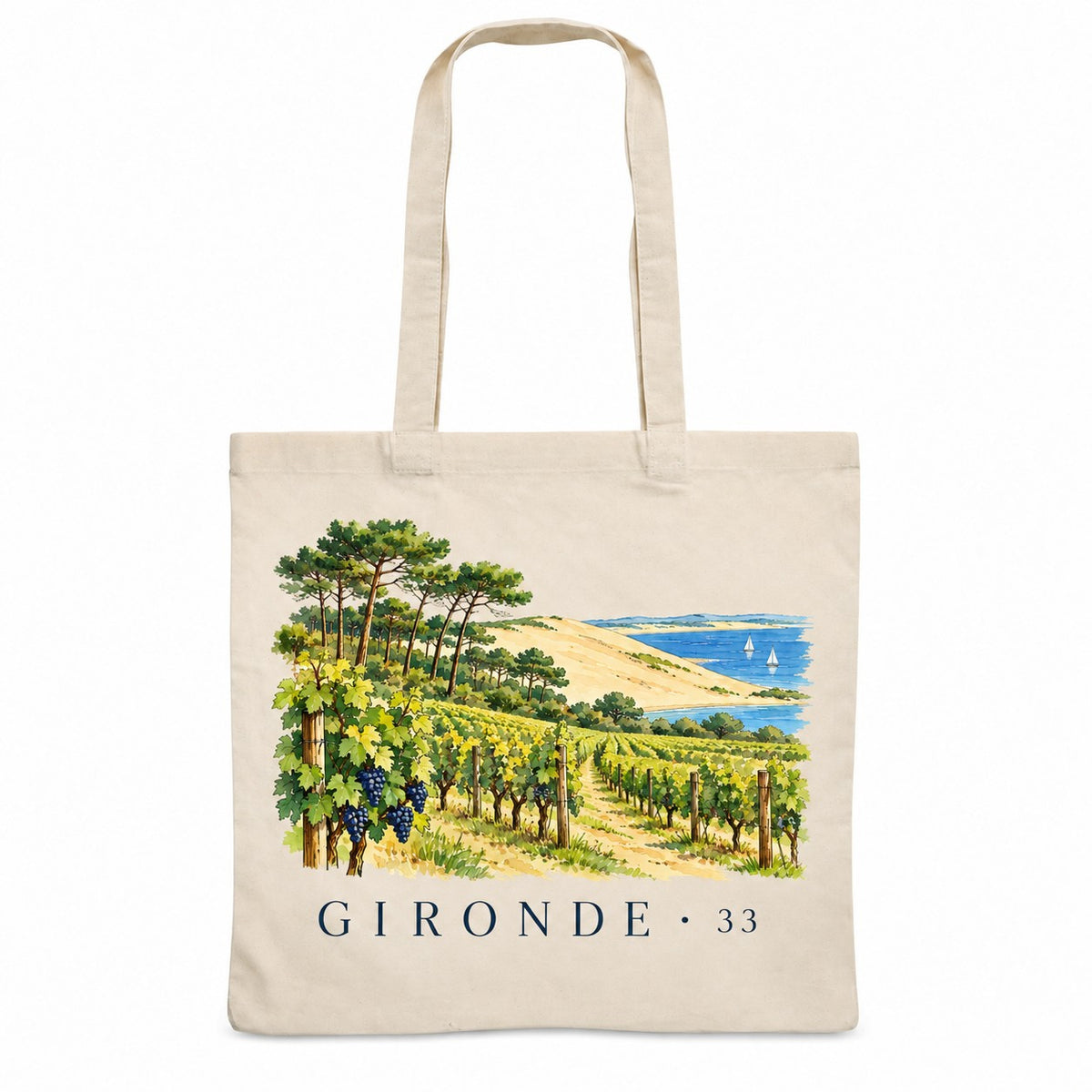 Tote bag Gironde (33) Essentiel, sac plat en coton naturel 140 g/m² de 38 × 42 cm, illustration aquarelle des vignes, de la dune et des pins maritimes