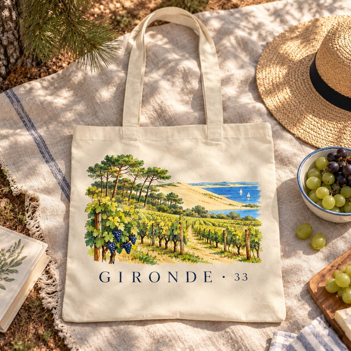 Tote bag Gironde (33) Essentiel posé sur une nappe de pique-nique, avec du raisin et un chapeau de paille