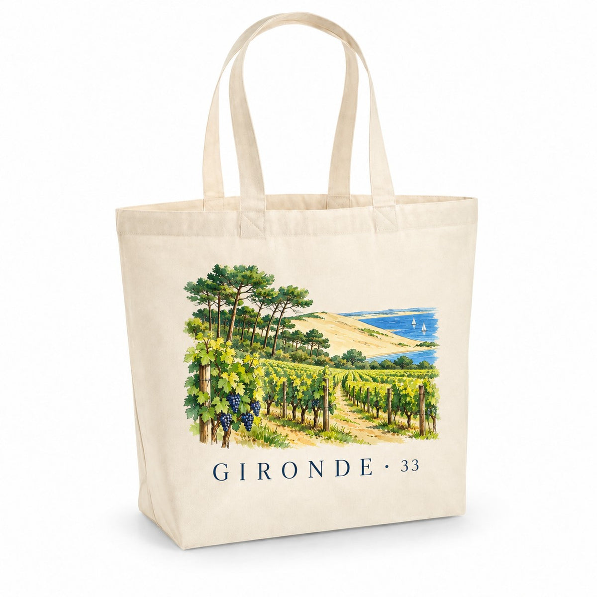 Tote bag Gironde (33) Premium, cabas à soufflet en coton naturel 200 g/m² de 18 litres, illustration aquarelle des vignes, de la dune et des pins maritimes