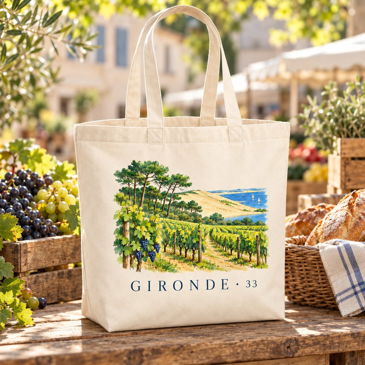 Tote bag Gironde (33) Premium posé sur un étal avec du raisin, du pain et des fleurs