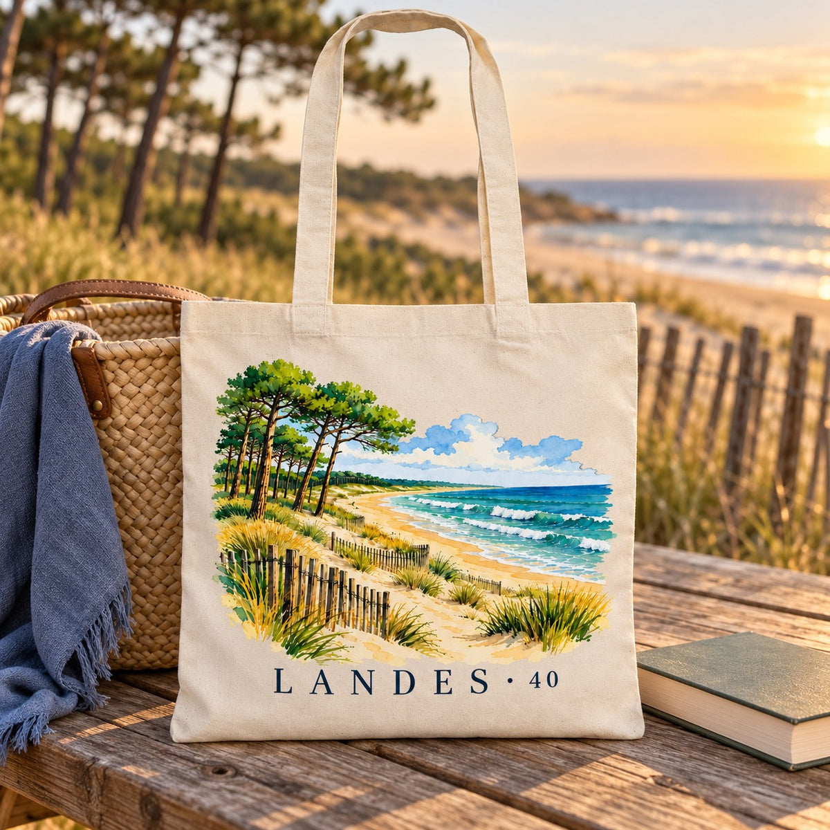 Tote bag Landes (40) Essentiel posé sur une table de pique-nique face à l'océan au coucher du soleil, avec un livre