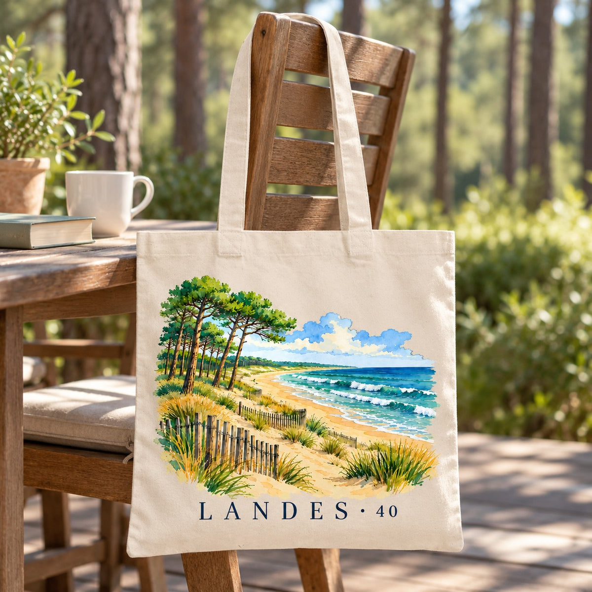 Tote bag Landes (40) Essentiel suspendu à une chaise en terrasse en bois sous les pins, avec un café