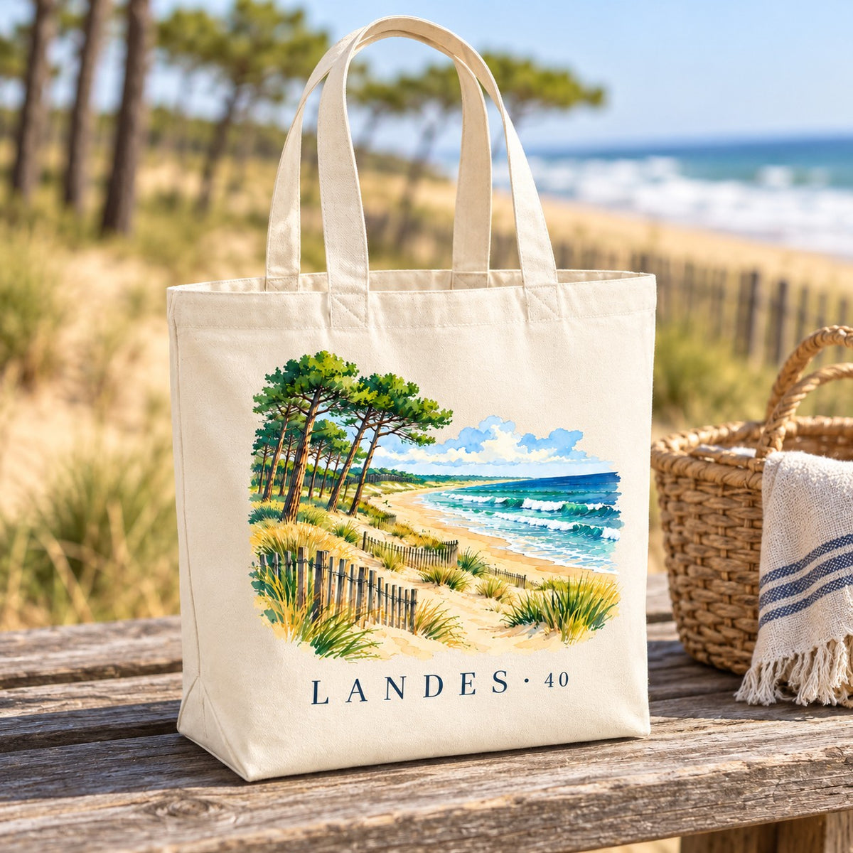 Tote bag Landes (40) Premium posé sur une table face aux dunes et à l'océan, avec un panier