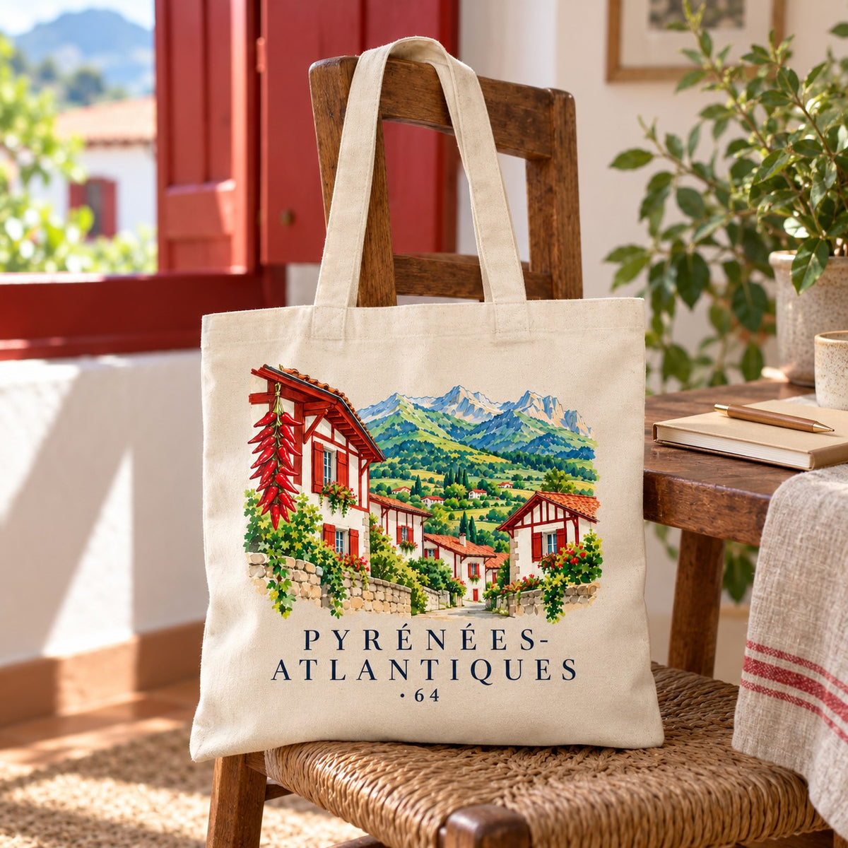 Tote bag Pyrénées-Atlantiques (64) Essentiel posé sur une chaise près d'une fenêtre aux volets rouges