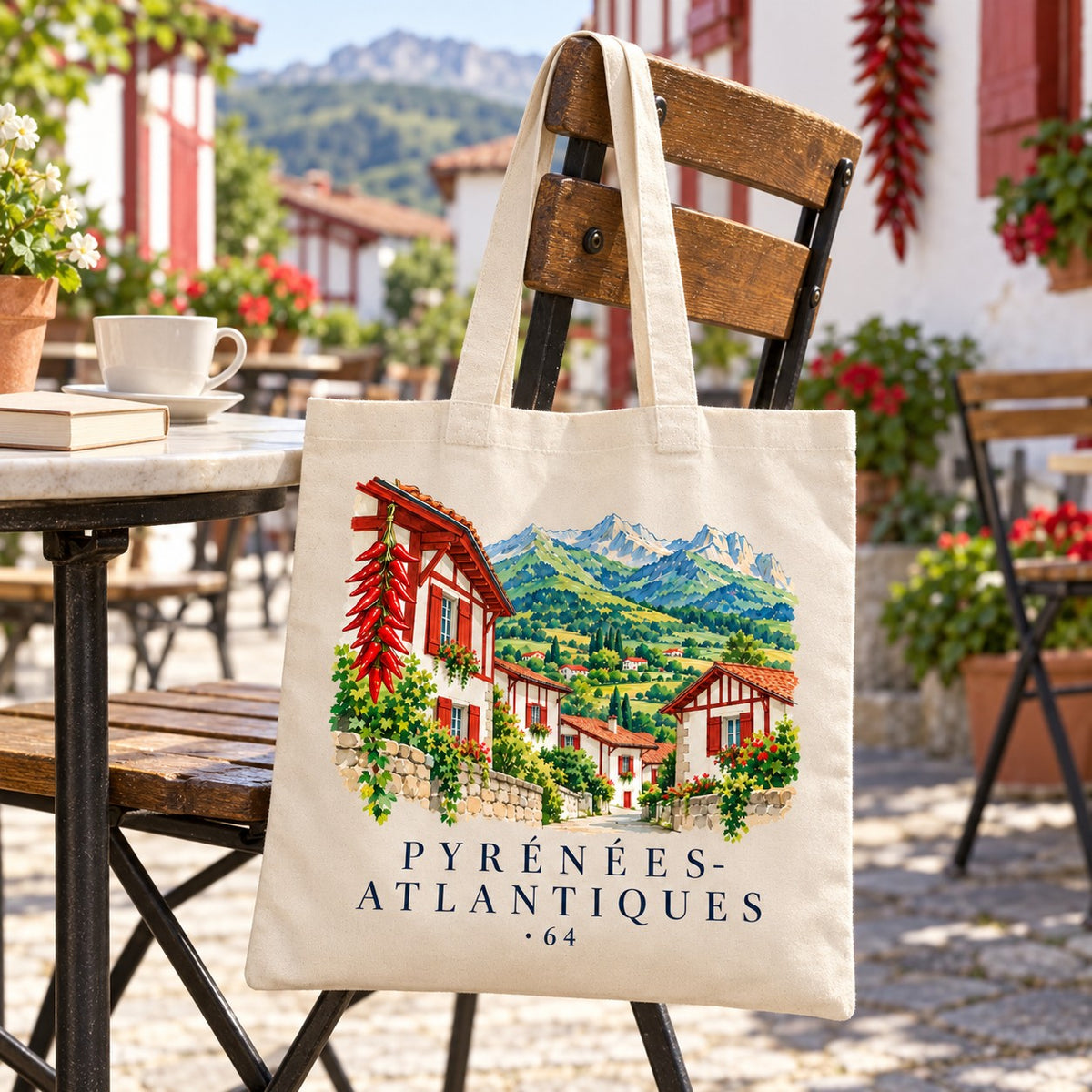 Tote bag Pyrénées-Atlantiques (64) Essentiel suspendu à une chaise en terrasse devant des maisons basques, avec un café