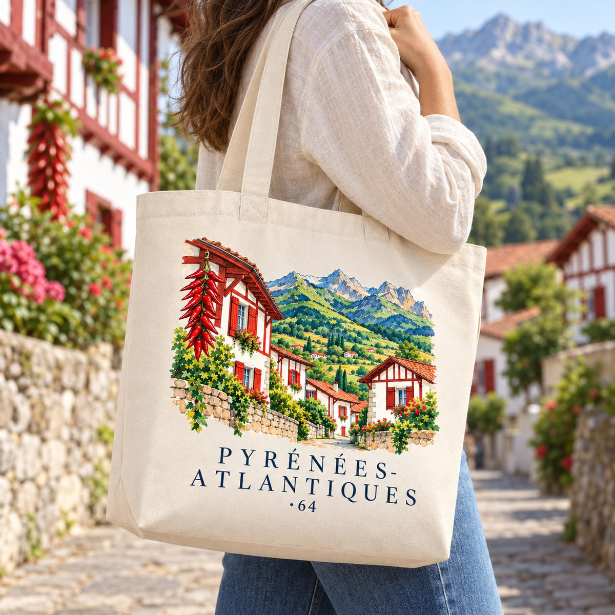 Tote bag Pyrénées-Atlantiques (64) Premium porté à l'épaule dans une ruelle d'un village basque aux volets rouges