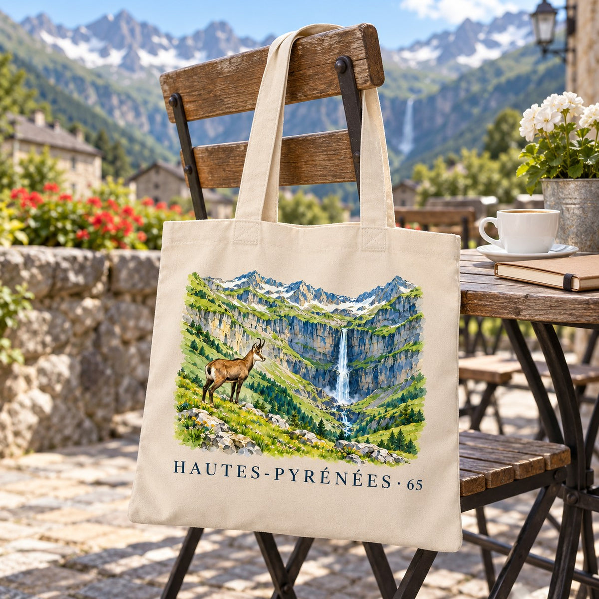Tote bag Hautes-Pyrénées (65) Essentiel suspendu à une chaise en terrasse face aux sommets, avec un café