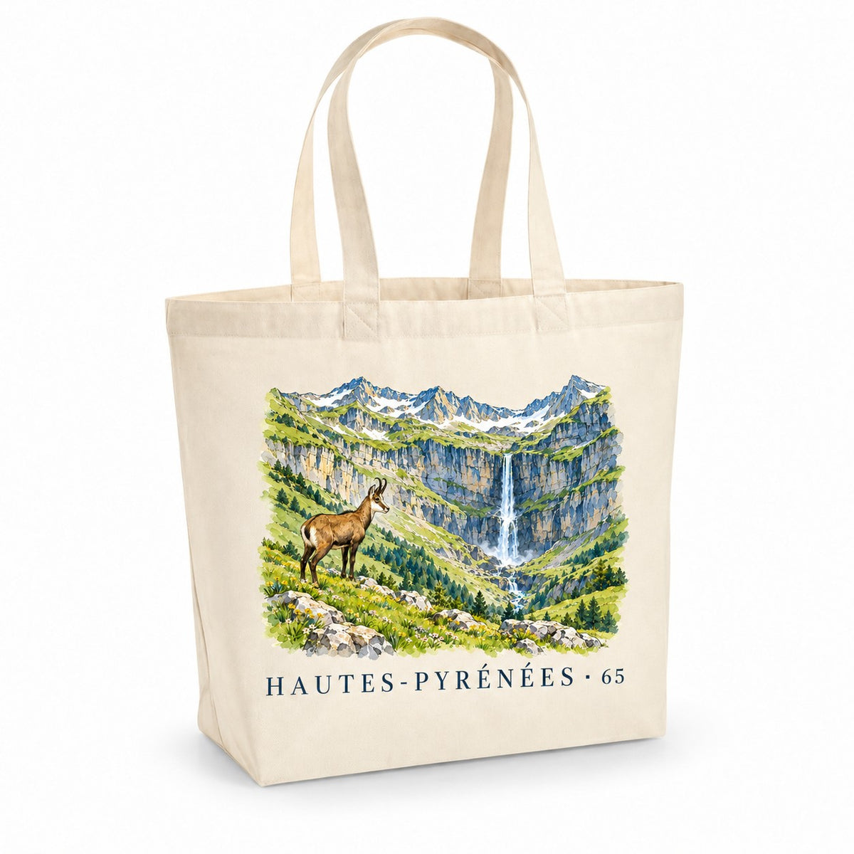 Tote bag Hautes-Pyrénées (65) Premium, cabas à soufflet en coton naturel 200 g/m² de 18 litres, illustration aquarelle d'un cirque de montagne, d'une cascade et d'un isard