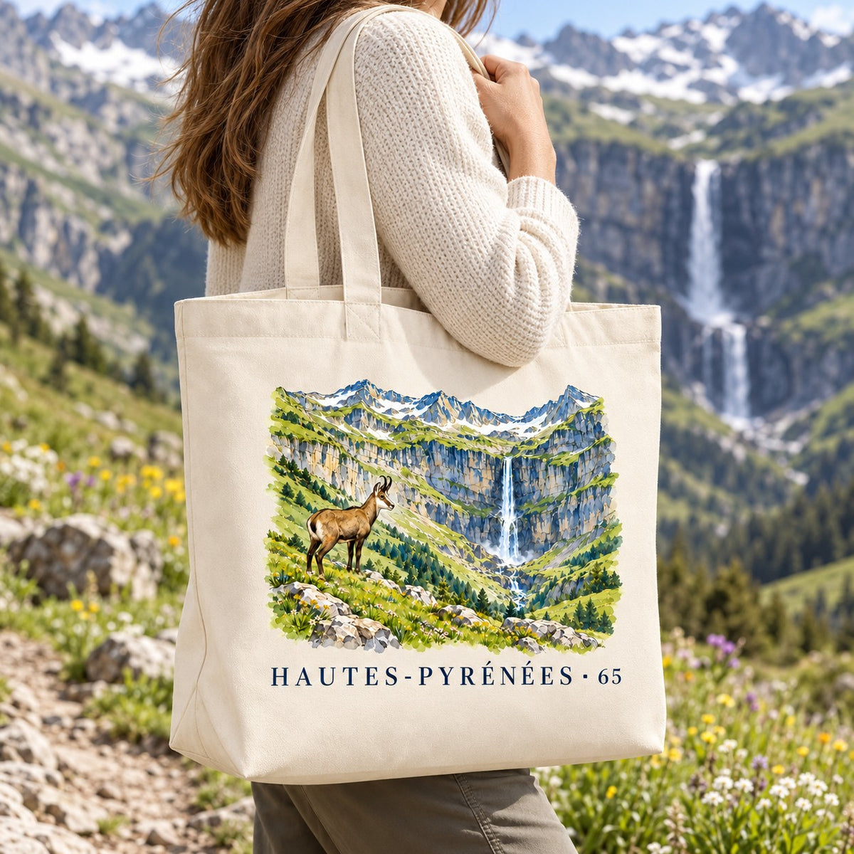 Tote bag Hautes-Pyrénées (65) Premium porté à l'épaule sur un sentier de montagne, cascade en arrière-plan