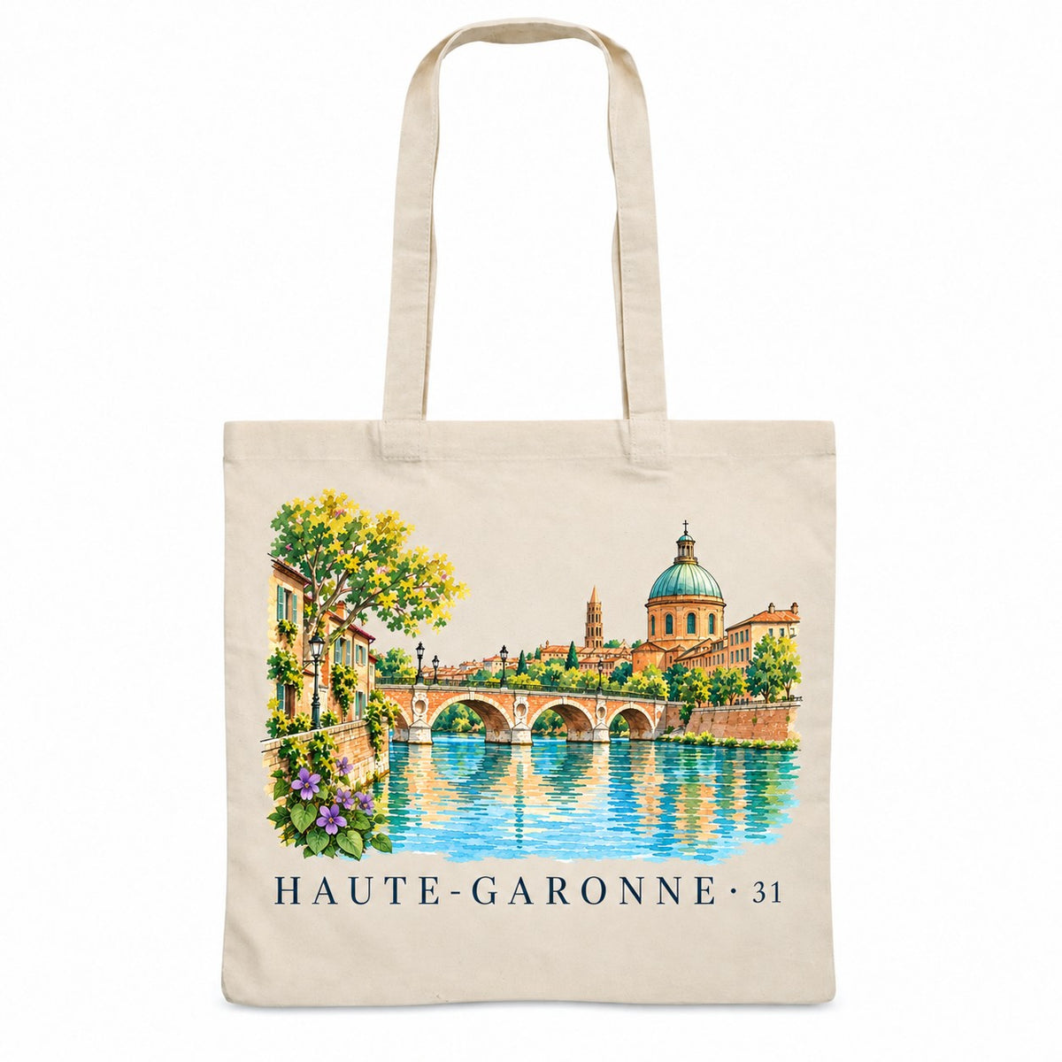 Tote bag Haute-Garonne (31) Essentiel, sac plat en coton naturel 140 g/m² de 38 × 42 cm, illustration aquarelle des façades de brique rose, du pont sur la Garonne et des violettes