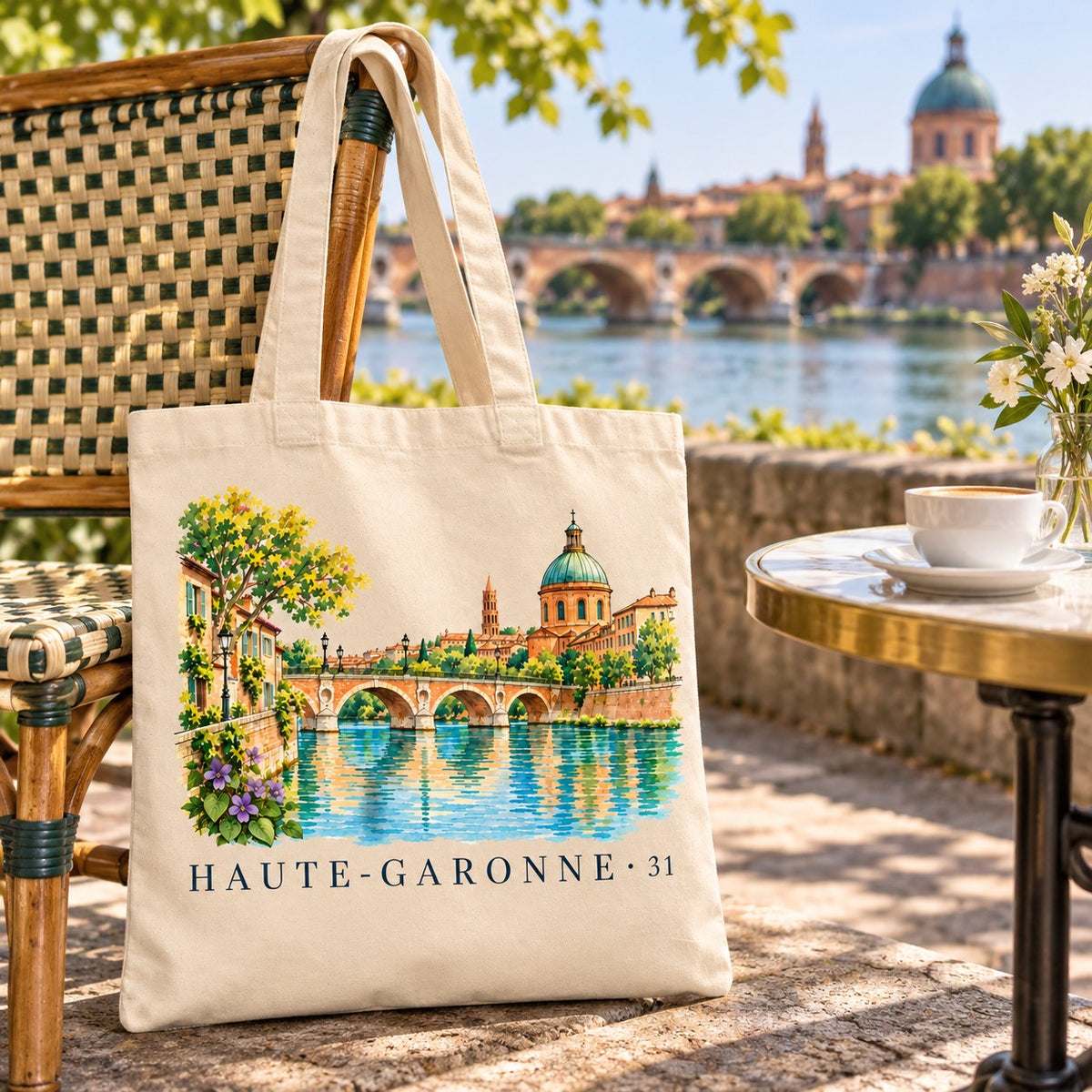 Tote bag Haute-Garonne (31) Essentiel suspendu à une chaise en terrasse face à la Garonne, avec un café