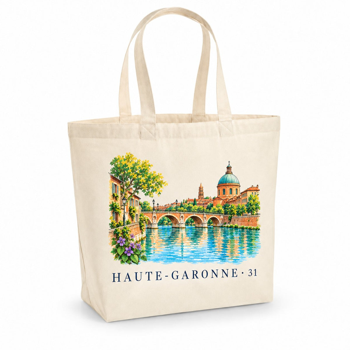 Tote bag Haute-Garonne (31) Premium, cabas à soufflet en coton naturel 200 g/m² de 18 litres, illustration aquarelle des façades de brique rose, du pont sur la Garonne et des violettes