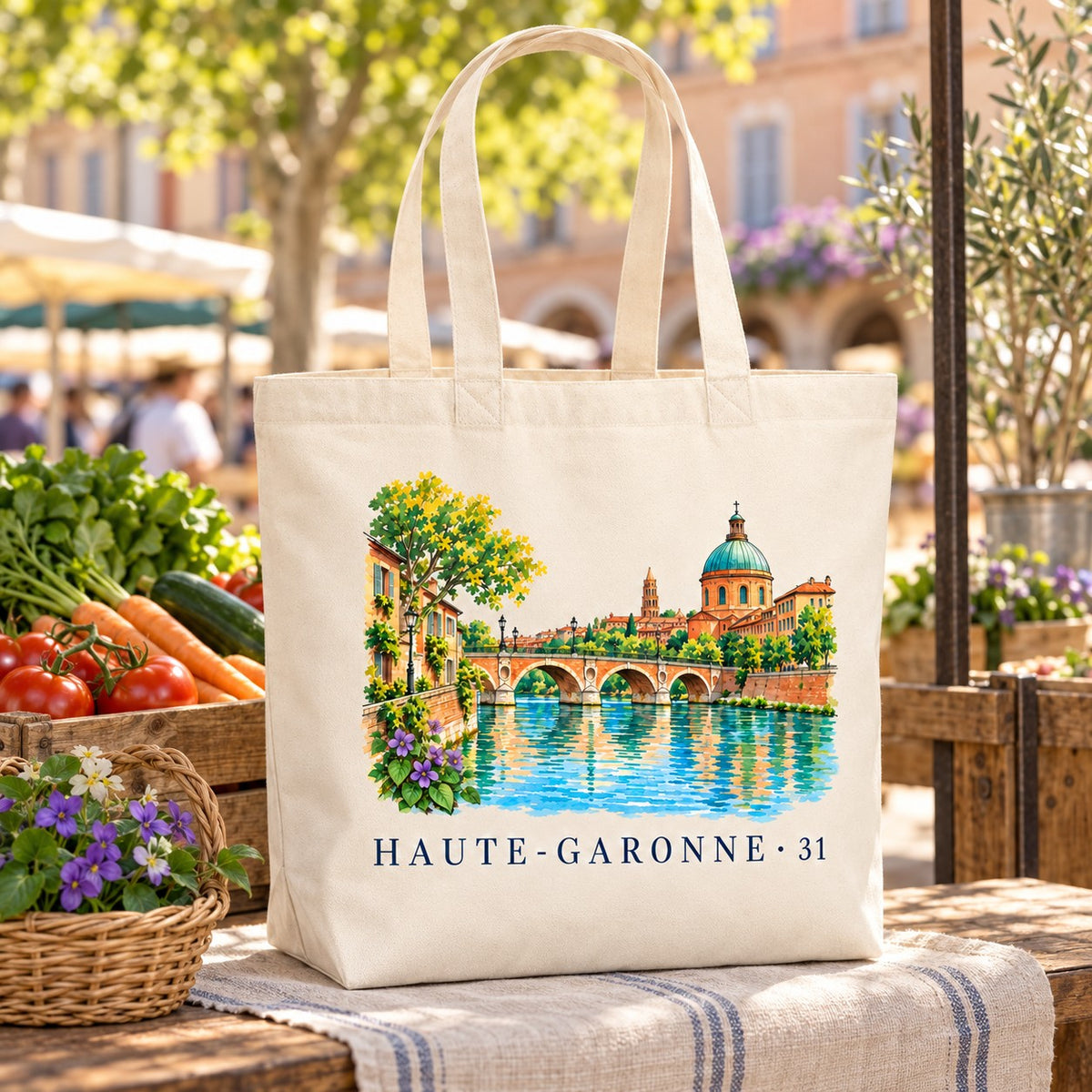 Tote bag Haute-Garonne (31) Premium posé sur un étal de marché avec des légumes et des violettes