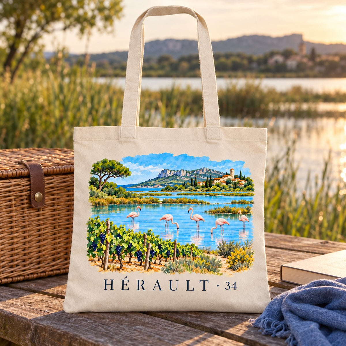 Tote bag Hérault (34) Essentiel posé sur une table de pique-nique au bord de l'étang au coucher du soleil