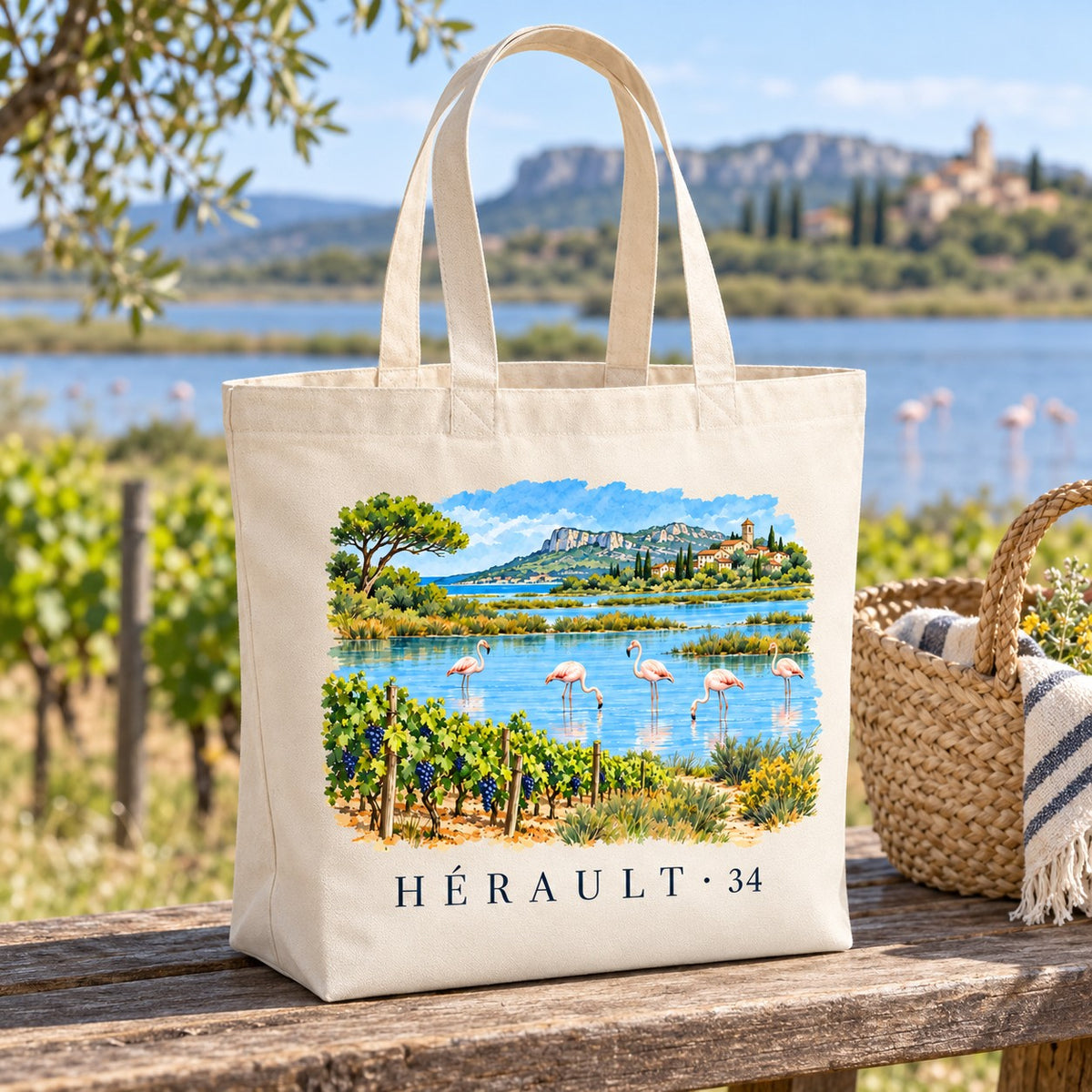 Tote bag Hérault (34) Premium posé sur une table face à l'étang et aux flamants roses, avec un panier