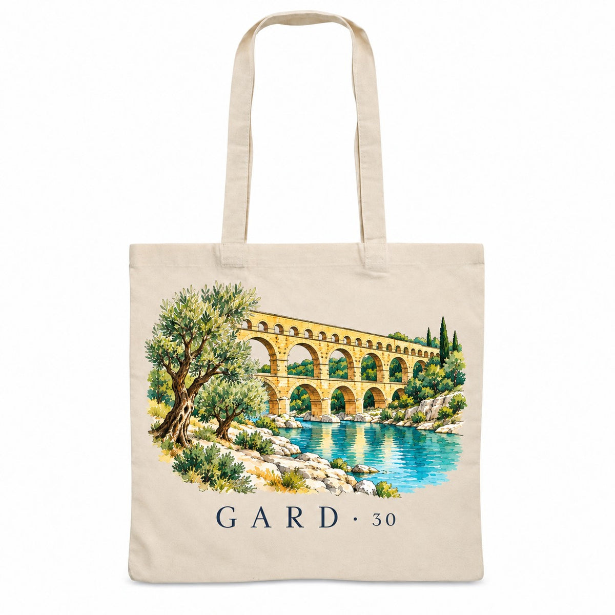 Tote bag Gard (30) Essentiel, sac plat en coton naturel 140 g/m² de 38 × 42 cm, illustration aquarelle de l'aqueduc romain sur la rivière et des oliviers