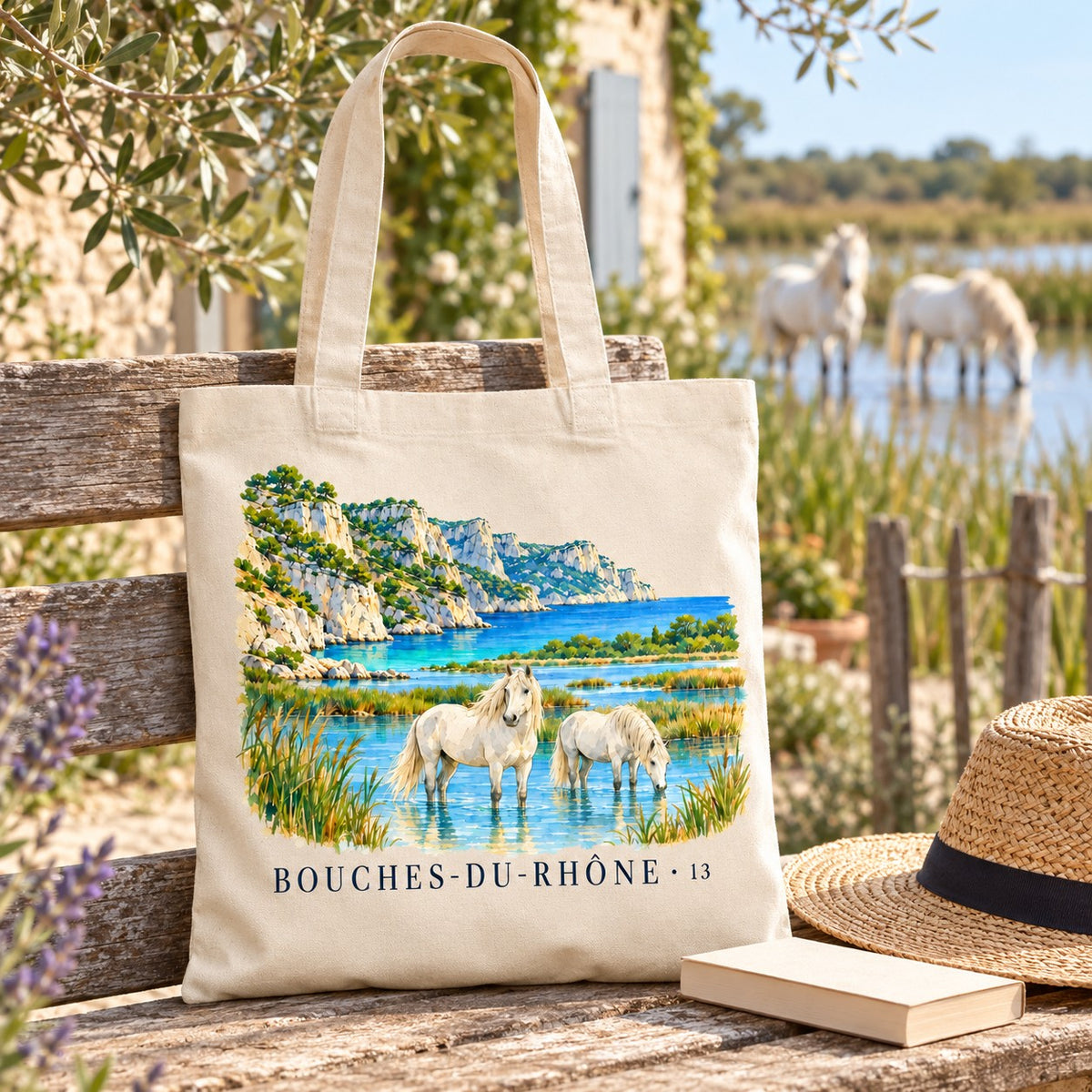 Tote bag Bouches-du-Rhône (13) Essentiel posé sur un banc face aux chevaux blancs, avec un livre et un chapeau de paille