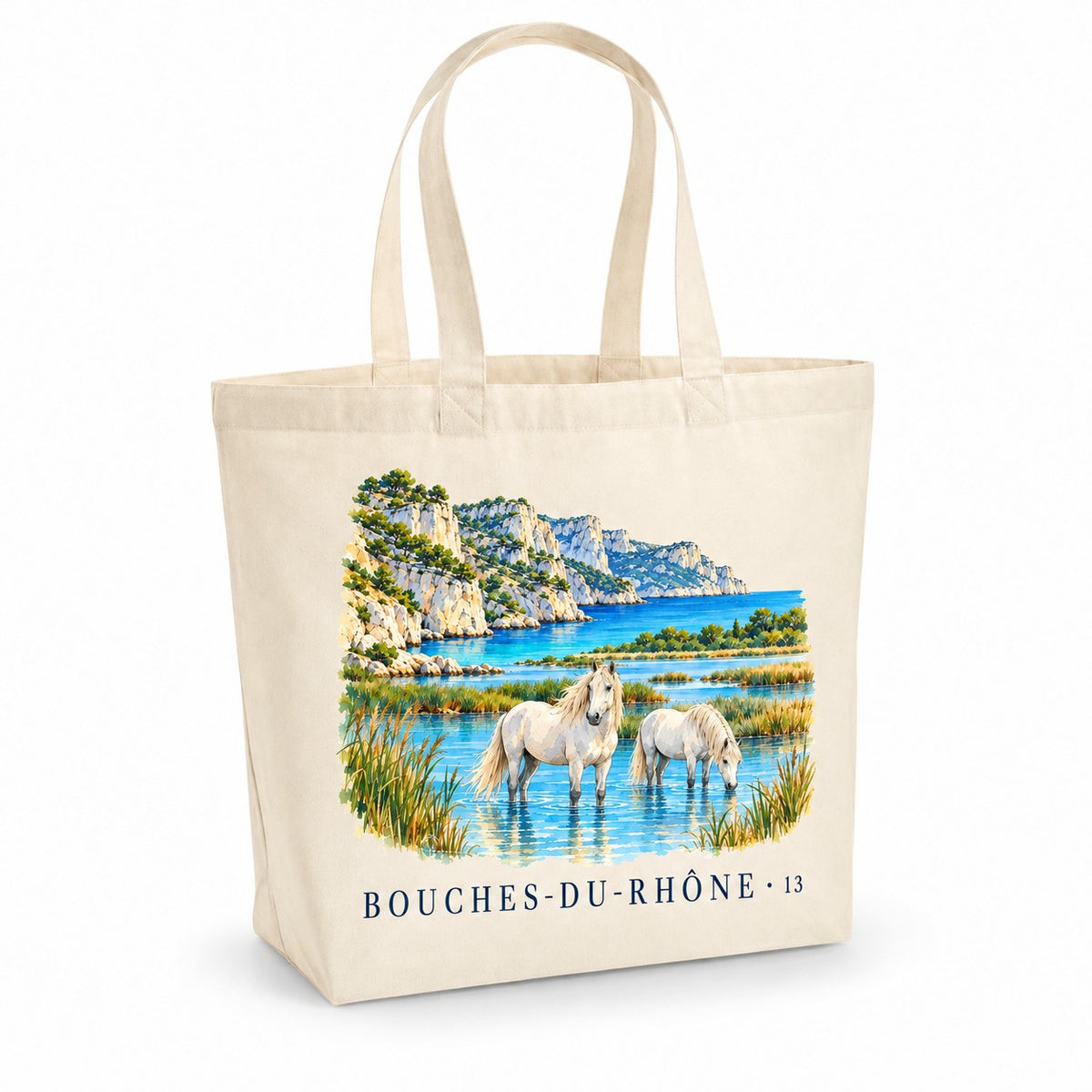 Tote bag Bouches-du-Rhône (13) Premium, cabas à soufflet en coton naturel 200 g/m² de 18 litres, illustration aquarelle des calanques, de la Camargue et des chevaux blancs