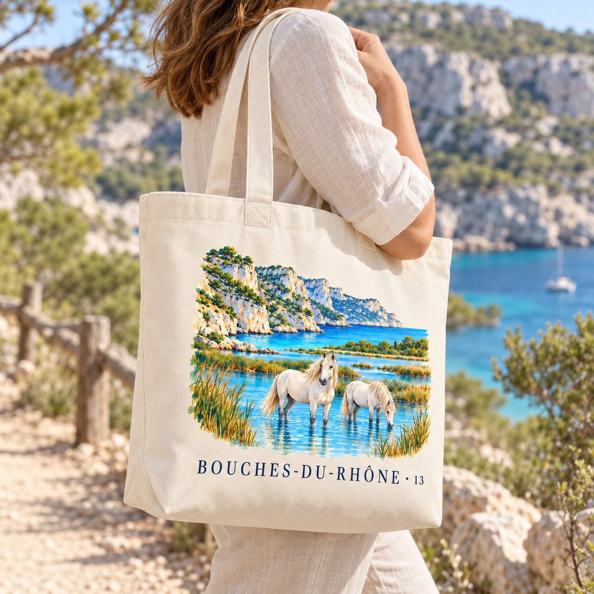 Tote bag Bouches-du-Rhône (13) Premium porté à l'épaule sur un sentier au-dessus des calanques