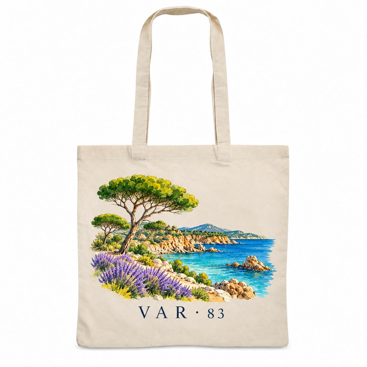 Tote bag Var (83) Essentiel, sac plat en coton naturel 140 g/m² de 38 × 42 cm, illustration aquarelle d'un pin parasol, de la lavande et des criques de la côte