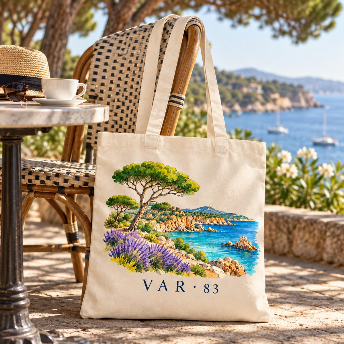 Tote bag Var (83) Essentiel suspendu à une chaise en terrasse face à la mer, avec un café et un chapeau de paille