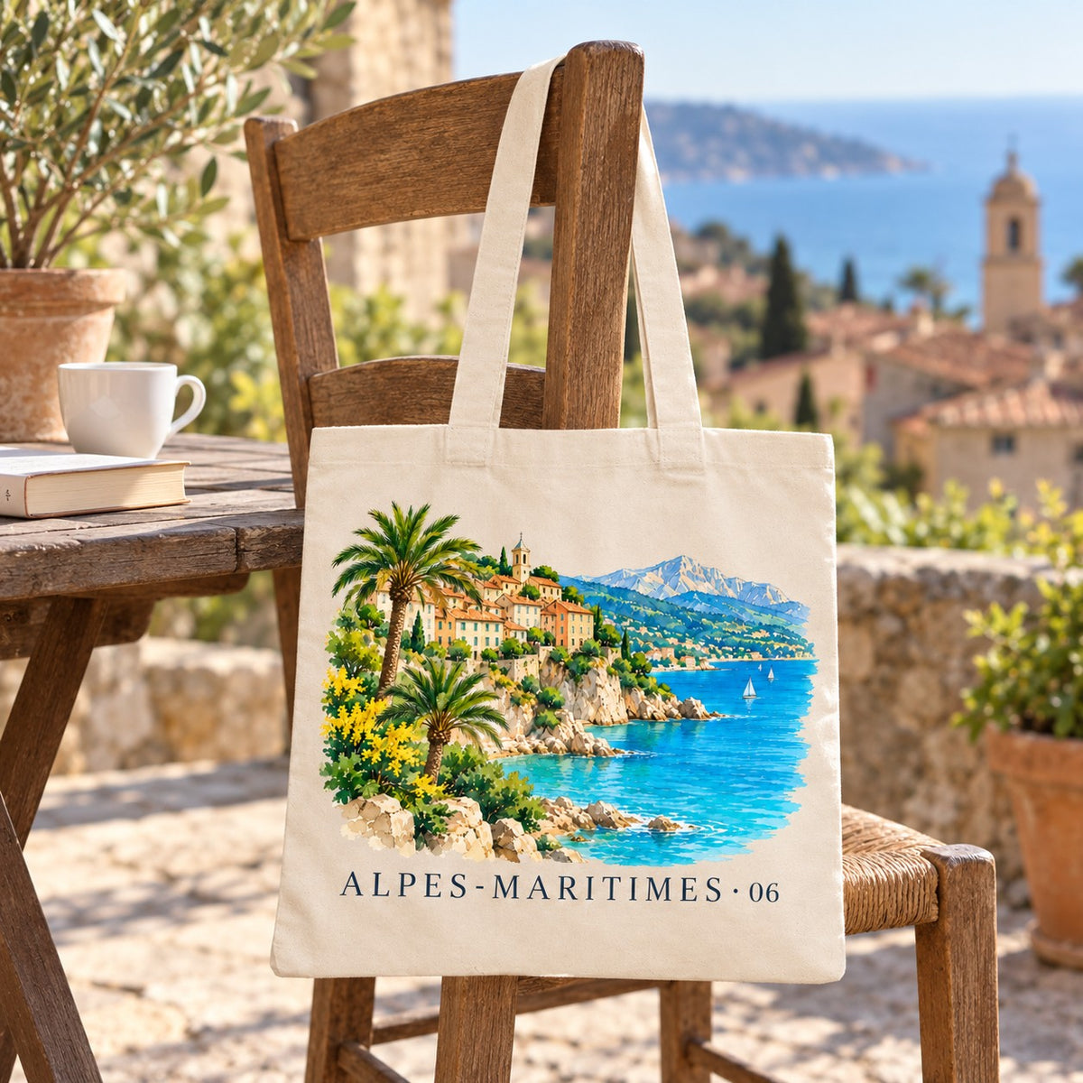 Tote bag Alpes-Maritimes (06) Essentiel suspendu à une chaise en terrasse d'un village perché face à la mer, avec un café