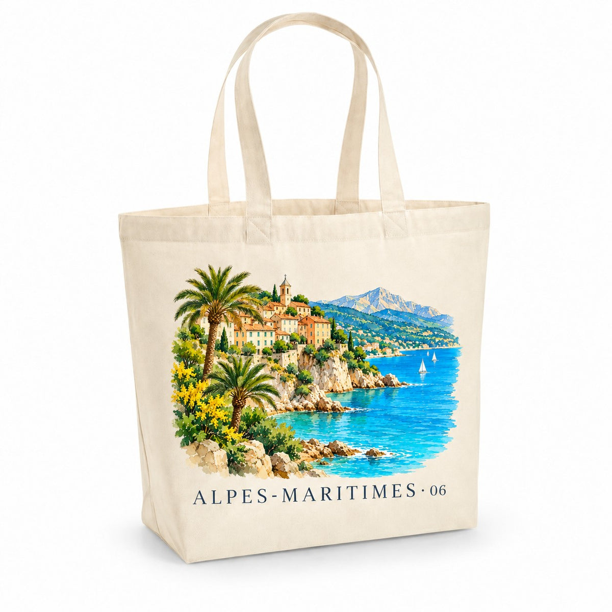 Tote bag Alpes-Maritimes (06) Premium, cabas à soufflet en coton naturel 200 g/m² de 18 litres, illustration aquarelle d'un village perché, des palmiers et de la mer turquoise